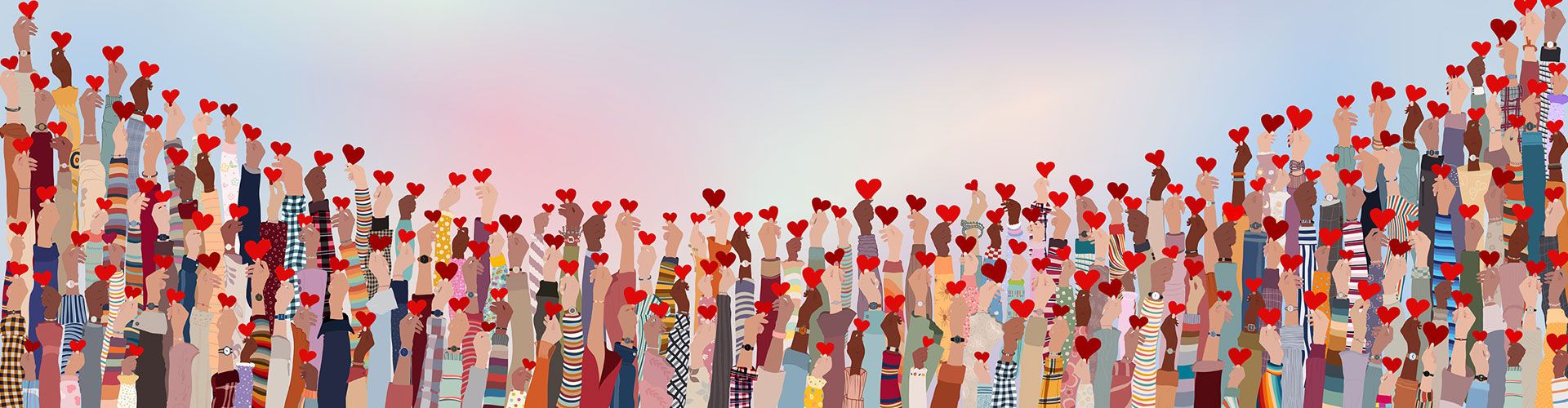 Abstrakte Zeichnung. Viele Menschen mit Herz in der Hand